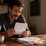 Autónomo preocupado revisando una carta de Hacienda sobre deudas que puede cancelar con la Ley de Segunda Oportunidad