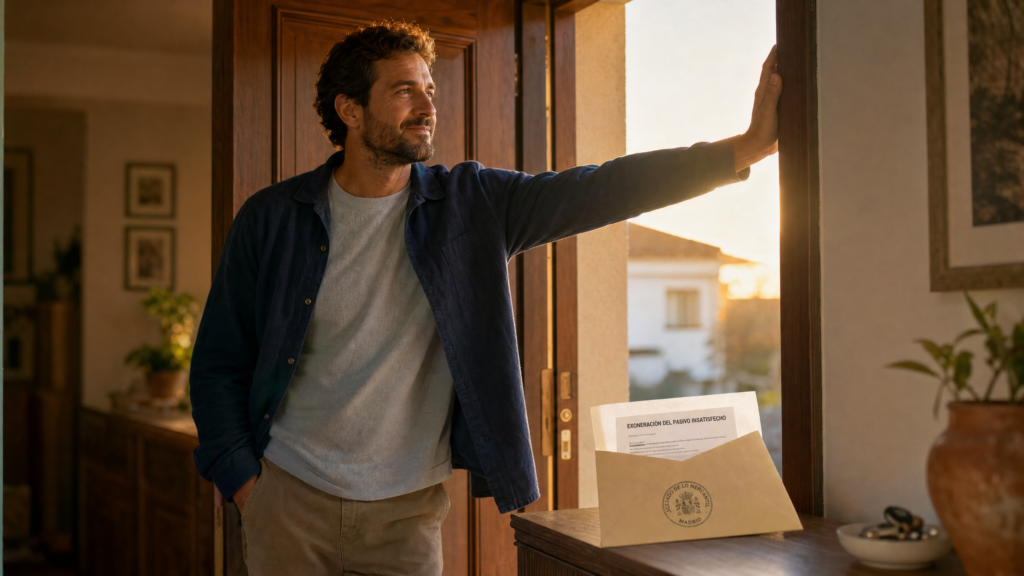 Hombre en la puerta de su casa con el auto de exoneración del pasivo insatisfecho, mirando hacia el futuro con alivio y esperanza