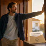 Hombre en la puerta de su casa con el auto de exoneración del pasivo insatisfecho, mirando hacia el futuro con alivio y esperanza